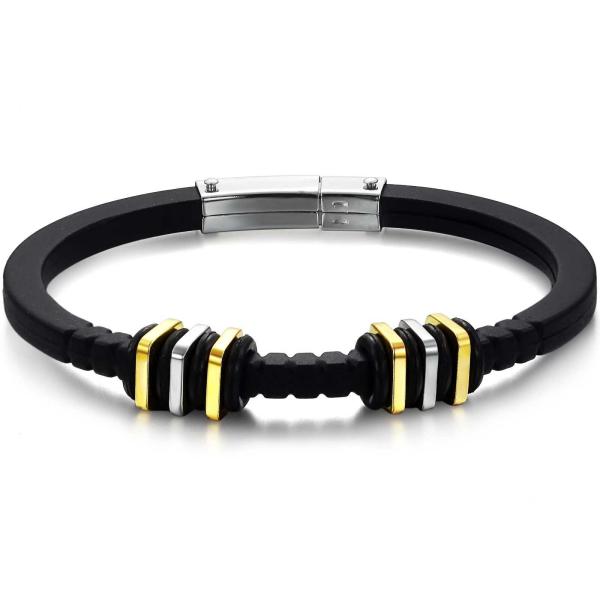 Tagor Stainless Steel Jewelry Super Fashion Silicone Leather Bracelet Bangle