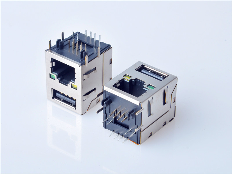 HULYN,RJ45 Modular Jack Connector, Shielded RJ45 + USB2.0 Combo Connector, Through Hole Type, LED