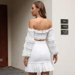 Off Shoulder Embroidered Lace Dresses Ruffle Ruched Cropped Midi Dress