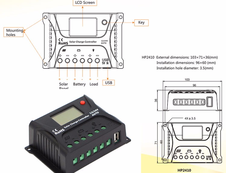Home System Solar Panel Inverter Battery Charge Controller IP30 Protection