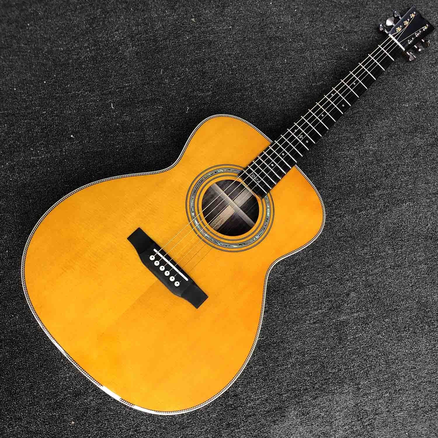 Custom Solid Spruce Top Wood OM JM 14 Frets Acoustic Guitar Fishbone Binding