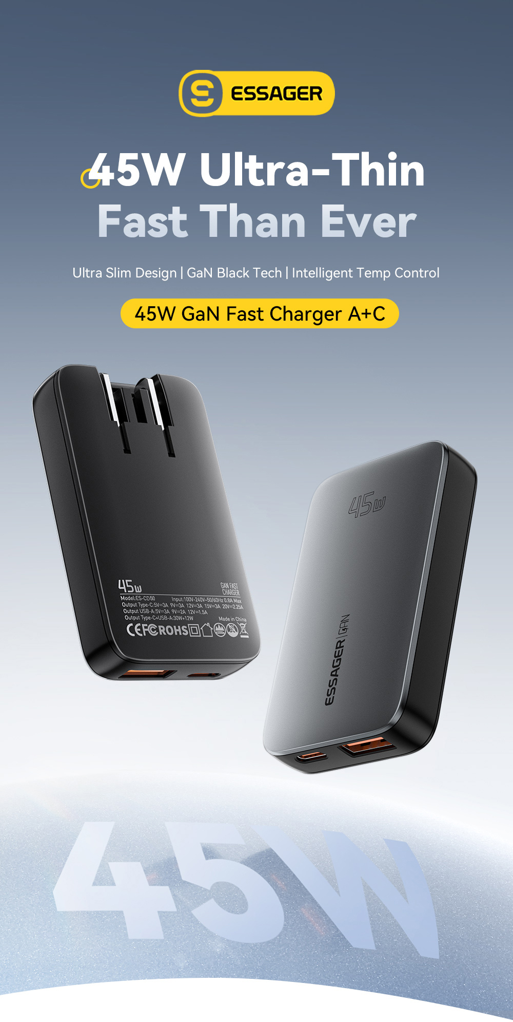 ESSAGER ES-CD48 Series 2 Ports 45W Type C Quick USB Fast Charger