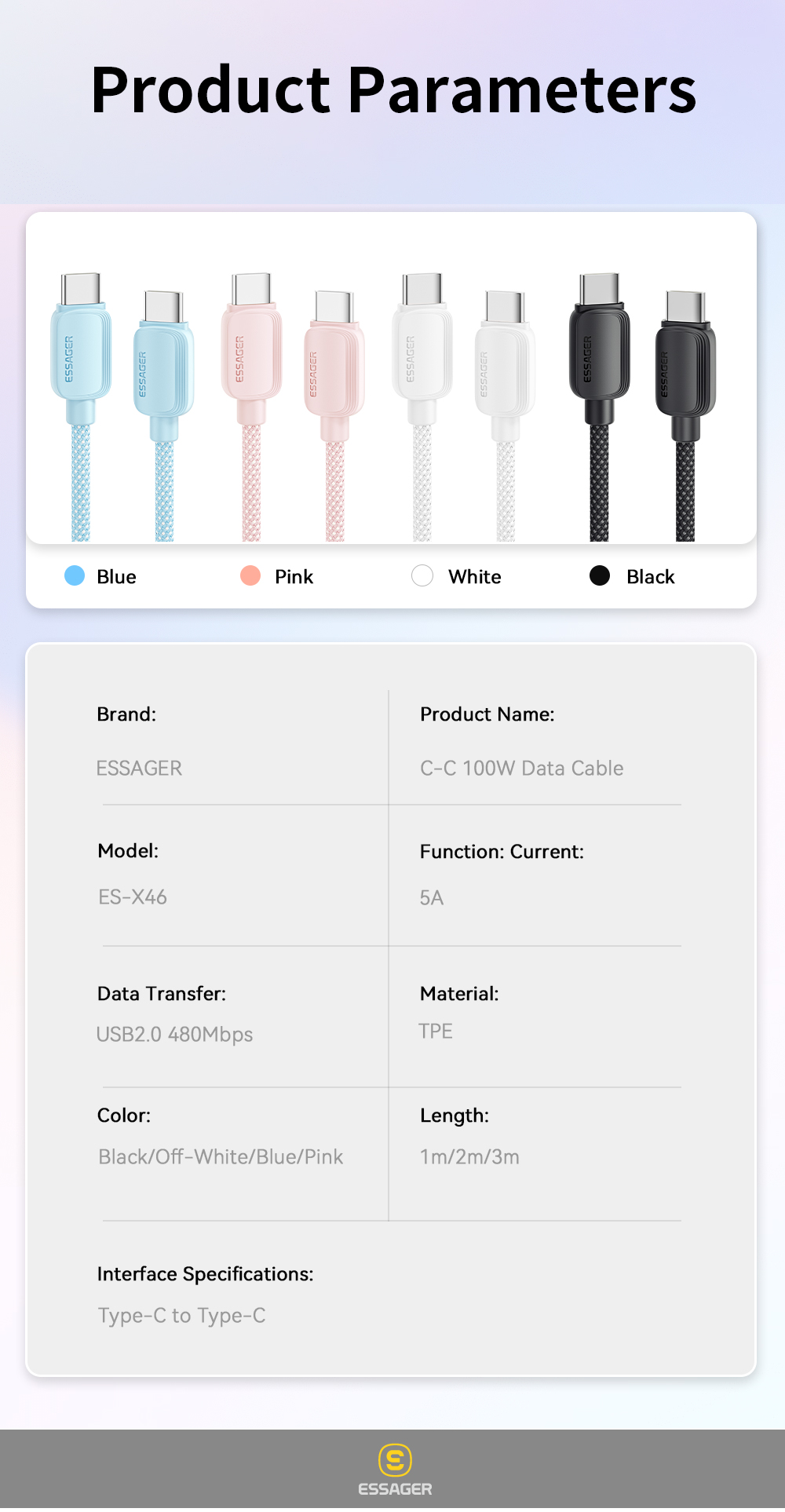 ESSAGER ES-X46 Series Type C To Type C Cable Fast Charging 100W