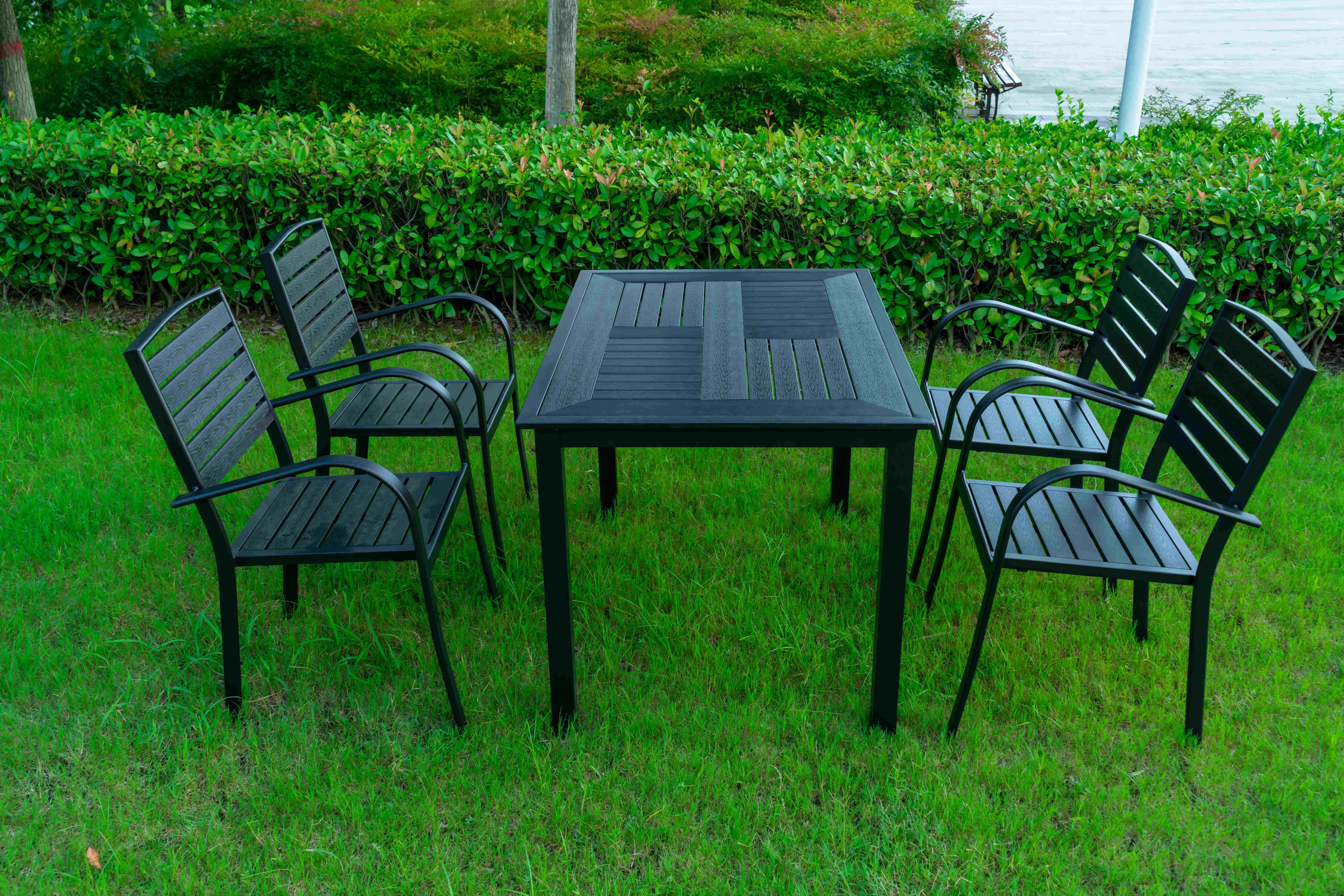 5 Pieces Extendable Modern Black China Manufacturer Wood Metal Chairs Patio Garden Outdoor Furniture
