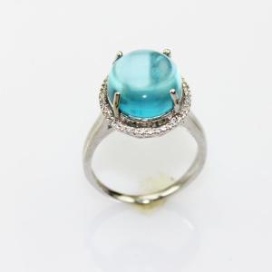 Wholesale Sterling Silver Oval Dome 12mmx14mm Blue Topaz and Cubic Zircon Ring(R226) from china suppliers