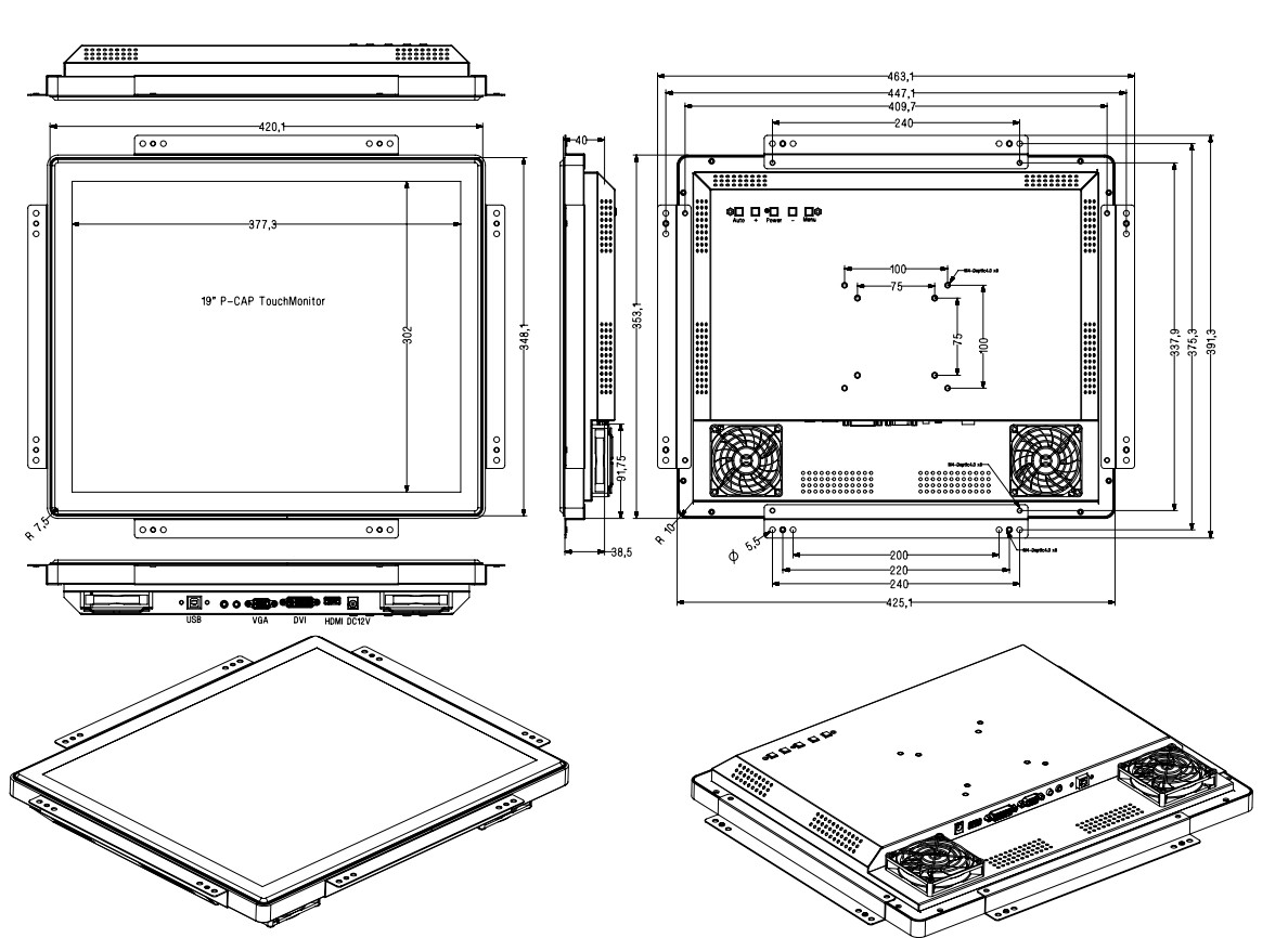 10 Points 19 Inch PCAP Touch Monitor Computer Screen With Mount Bracket