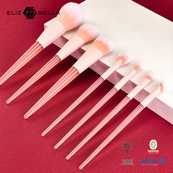 10pcs Pink Plastic Handle Travel Makeup Brush Set With Synthetic Hair, Beauty