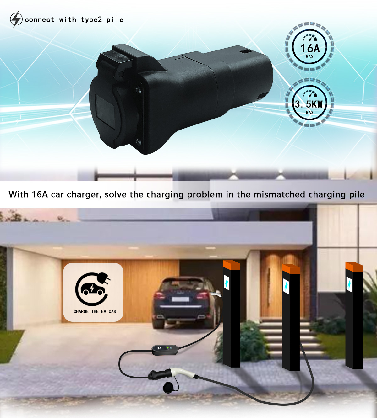 CE Certified Type 2 EV Charging Station Adapter Male Plug to Schuko Socket 220V AC for Power Supply