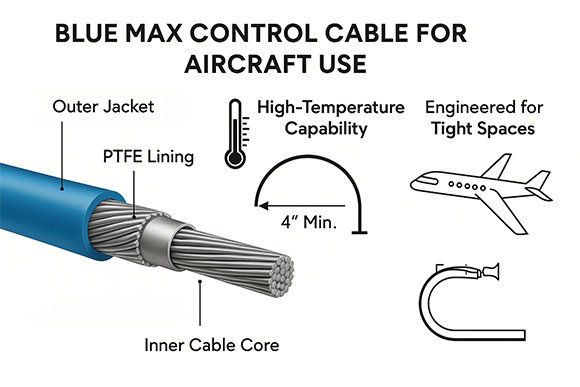 Cross-sectional view of Blue Max push-pull control cable for aviation systems, showing core, liner, conduit, and outer jacket