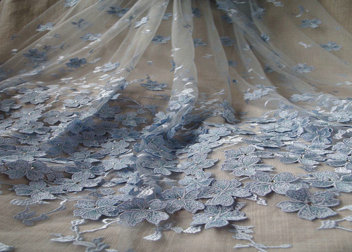 Royal Blue Embroidery Tulle Lace Fabric With 3D Flowers For Haute Couture