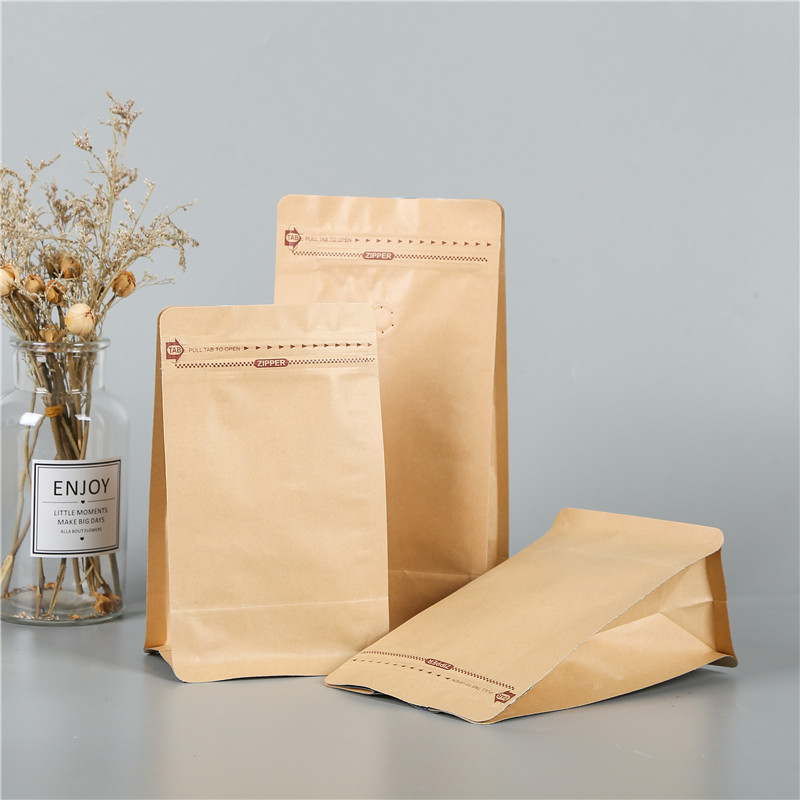 Food Grade kraft paper stand up coffee bag with valve and flat bottom aluminum foil inside and zipper top