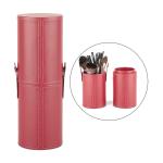 Cylindrical Makeup Brush Tube Case Red Vegan Leather Satin Lining