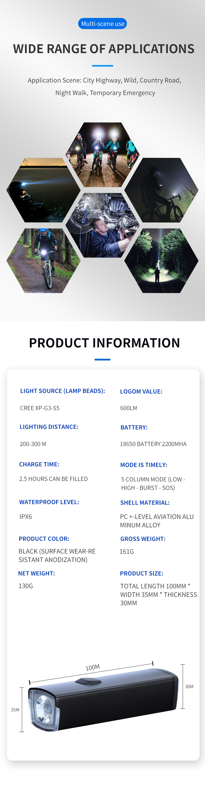 IPX6 Waterproof 2200mAh Battery USB Rechargeable Bike Front Light 600Lms