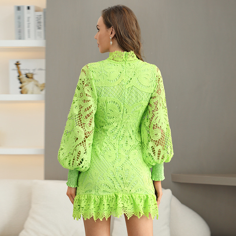 Cut Out Lace Dress Lantern Sleeve High Waist Solid Knee-length Trumpet Dress Ruffles Elegant Business Casual Dress