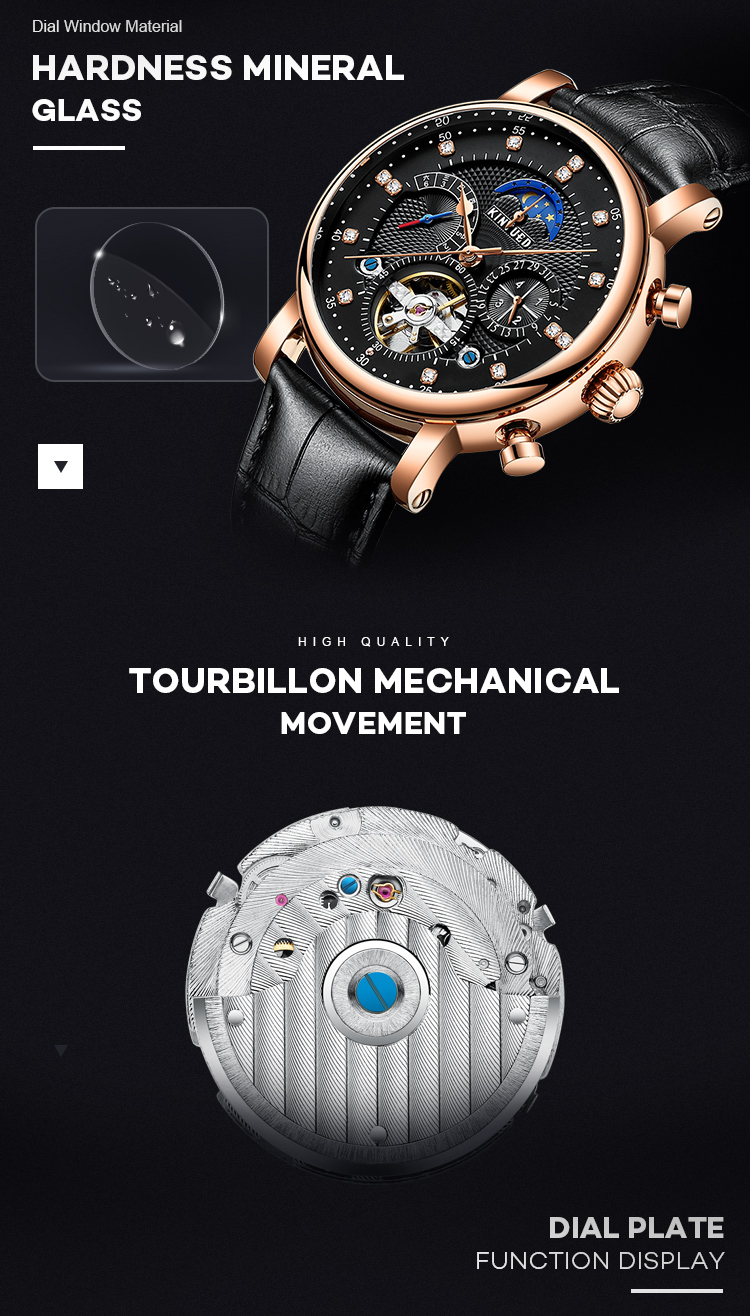 KINYUED hot sales Fashion Tourbillon Automatic Movement Mens Automatic Mechanical Watch Genuine Leather Wristwatch