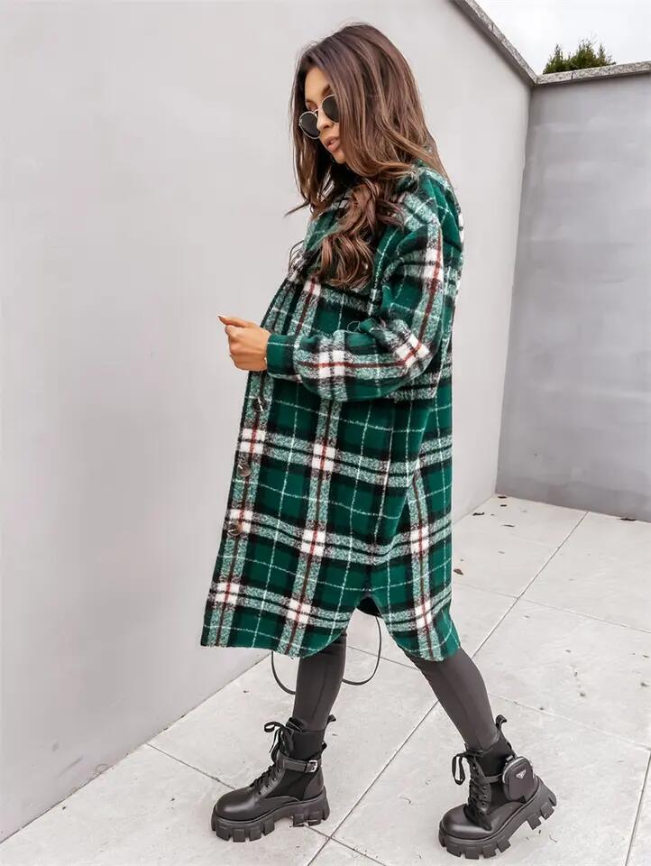 Autumn Winter Coats for Women 2023 Lapel Pocket Long Plaid Shirt Jacket Coat Woolen Fleece Plaid Long Coats for Women