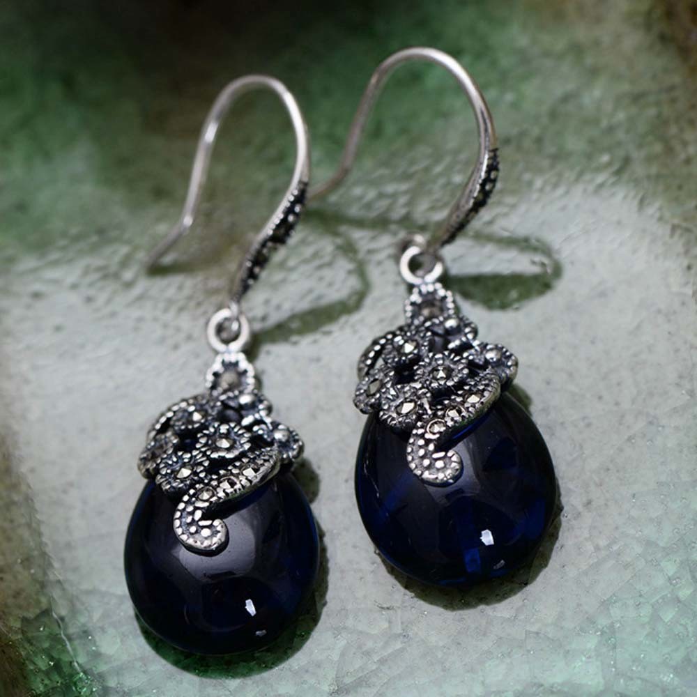 Women Retro Sterling 925 Silver Synthetic Sapphire Marcasite Drop Earrings (029331)