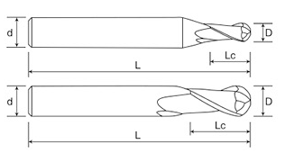 HRC 55° R2.5*5*10*5*75 2 Flutes Ball Nose End Mill For Aluminum Without Coating
