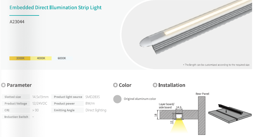 Embedded Direct Cabinet LED Strip Lights Custom Length High CRI >90 12/24V DC Aluminum Lighting