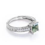 Princess Cut Natural Druzy Moss Green Agate And Moissanite Milgrain Border