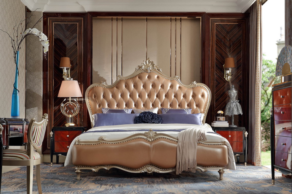 Luxury furniture sets French Neoclassical Black Bright Solid Wood Furniture Leather Soft Packed Double Bed