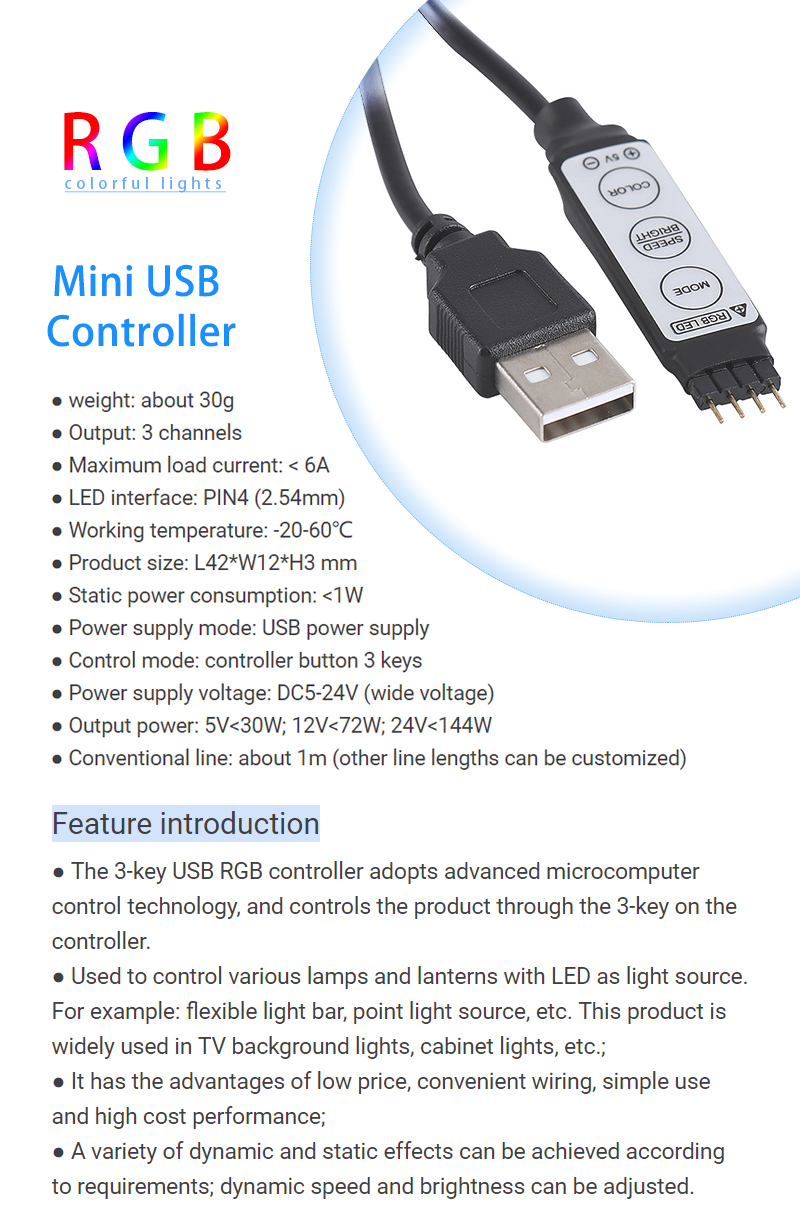 USB 5V Powered LED Mini Controller 3 Key For LED RGB Color Strip Light
