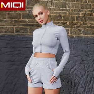 Wholesale High Waist Workout Fitness Boom Crop Top Long Sleeve Jacket Workout Shorts With Pockets Solid Yoga Set from china suppliers