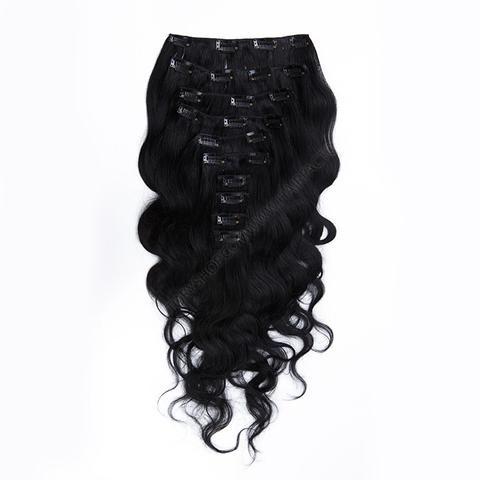 Jet Black Real Human Hair Clip In Extensions , Body Wave Indian Remy Hair