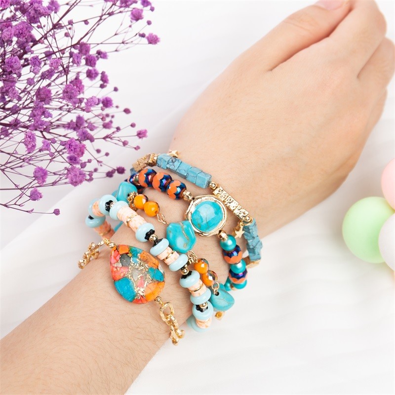 Gold Edge Turquoise Natural Stone Beaded Bracelet Elastic Customized For Women