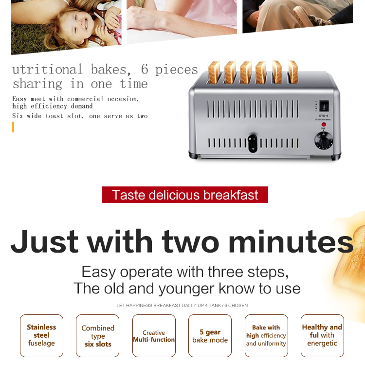 2500W Power Stainless Steel 6-Slice Toaster Breakfast Machine with ' Needs in Mind