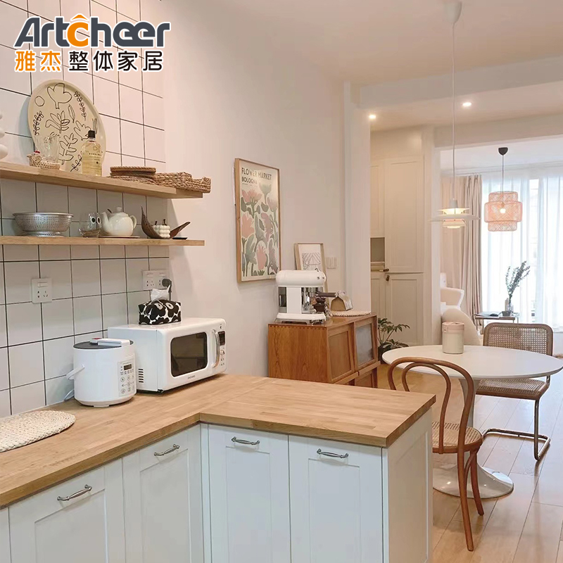 E0 Modular Kitchen Cabinets 2022 Solid Wooden Top Trends with Stainless Steel Countertop