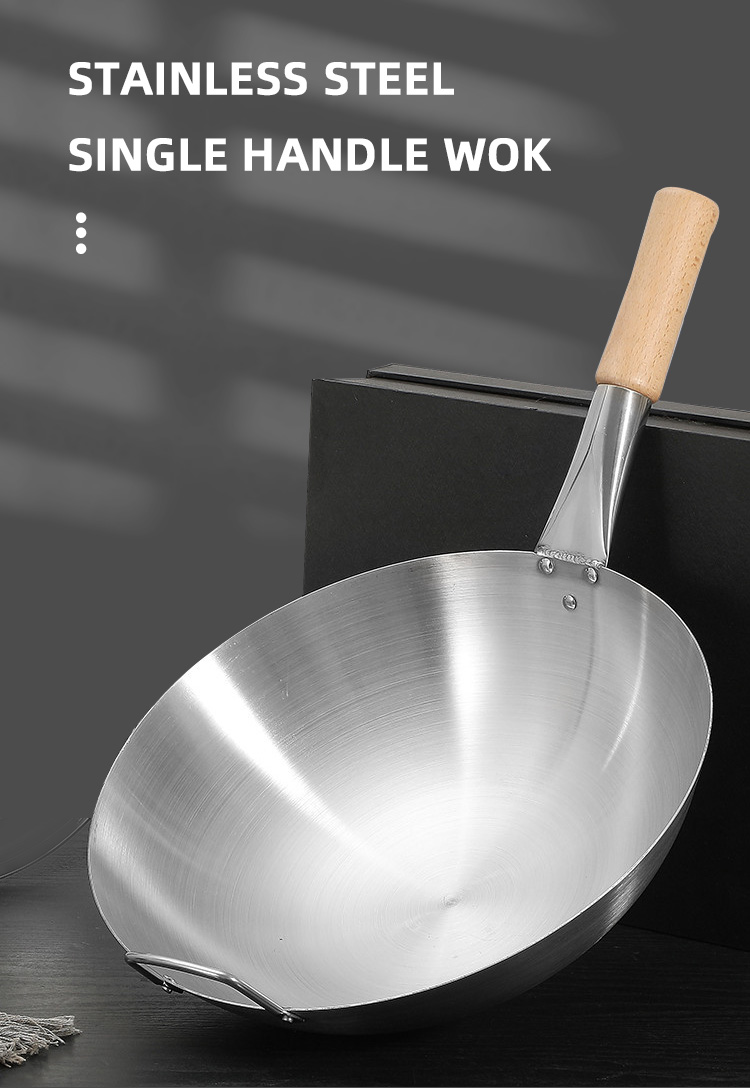 Multifunctional Kitchen Wok Pan Non Stick Stainless Steel With Wooden Handle