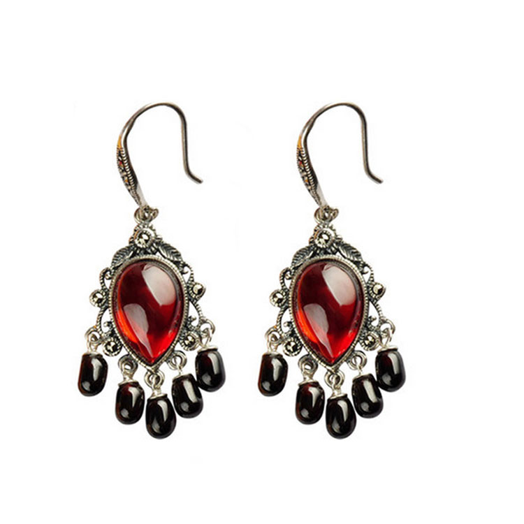 Vintage 925 Silver Created Garnet Tassels Dangle Earrings (E017283W)