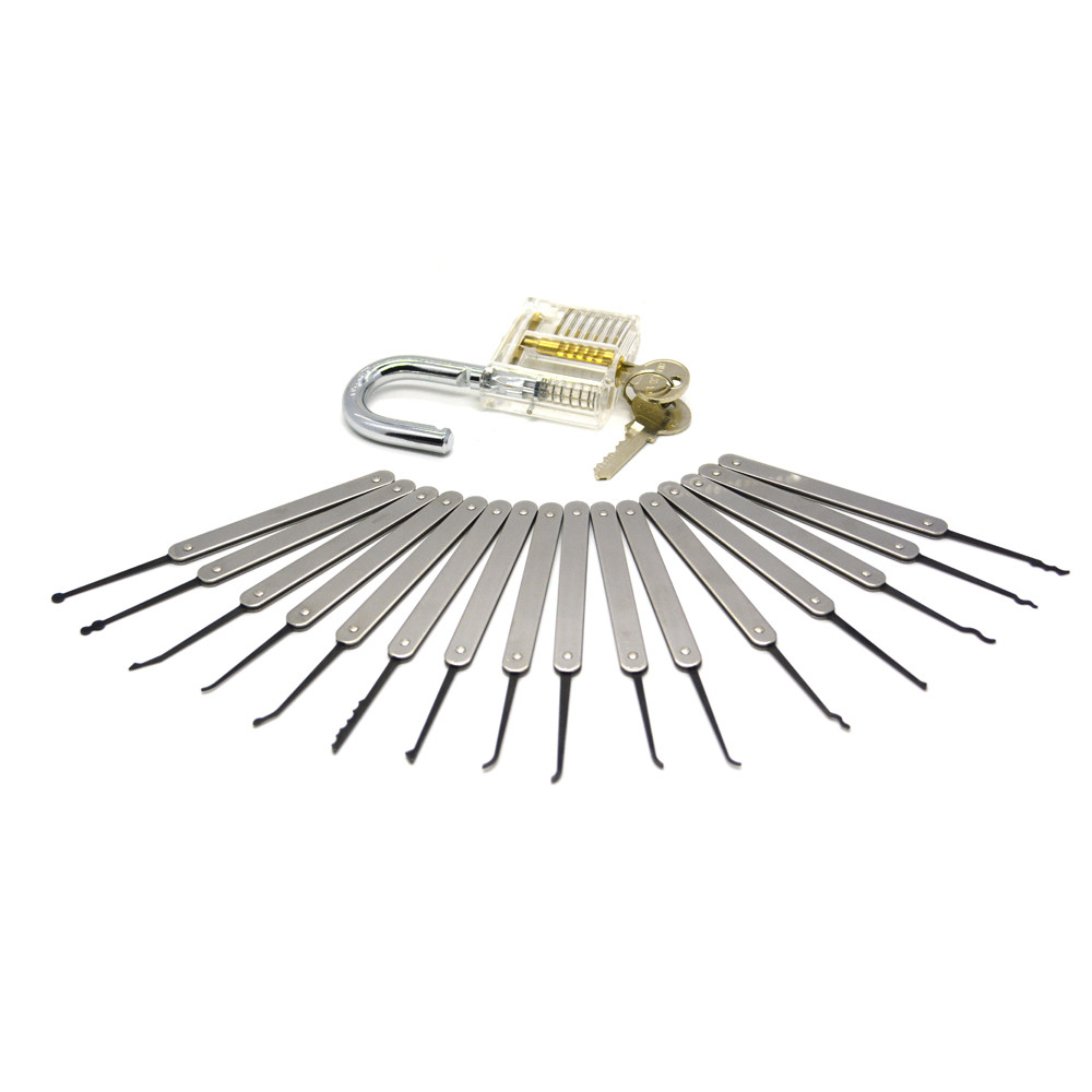 Stainless Steel Locksmith Tools 22pcs Auto Lock Pick Set With Transparent Practice Padlock