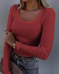 Intimate Stretch Leggings Solid Color Square Collar Top Women′s T-Shirt