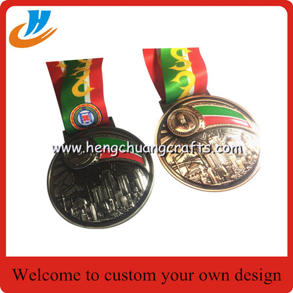 Antique brass metal medals,zinc alloy die casting events medals with custom logo ribbon