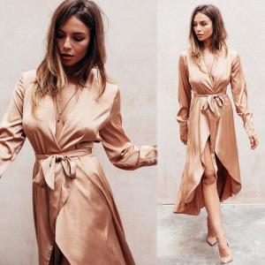 Wholesale Fall Women Clothing Sexy Deep V Neck Satin Wrap Dress from china suppliers