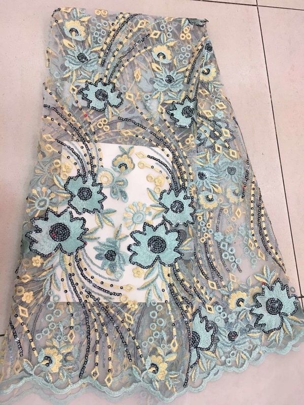 Embroidered Sequin Lace Fabric , Floral Tulle Fabric For Fashion Party Gown Dress