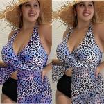 Blue Leopard Plus Size Bikini Set Neck Split Sexy Bikini Swim Wear For Curvy