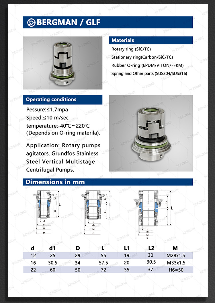 BERGMAN 156-8/9/10/11/12/14/15/16/17/18/19/20/22/25/28/30mm Pump Mechanical Seal