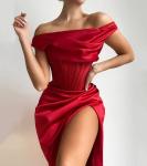 Autumn Women One Off Shoulder Satin Bone Pleated Mid Slit Dress