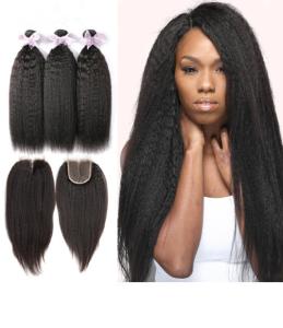 Wholesale Peruvian Kinky Straight Human Hair Weave Closure With Three Bundles Natural Color from china suppliers