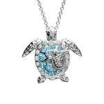Green Sea Turtle Necklace Silver Chain Jewelry with Rhinestone Pendant For