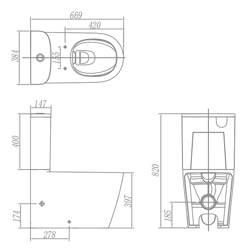 Watermark Sanitary Ware Two Piece Toilets Skirted 669*384*820mm Soft Closed