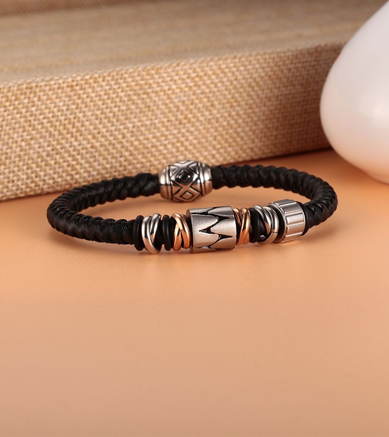 High Quality Mens Stainless Steel Real Leather Bracelet Wholesale
