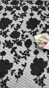 Wholesale Black Corded Floral Pattern Embroidered Mesh Lace Fabric 129cm Width For Wedding Dresses from china suppliers
