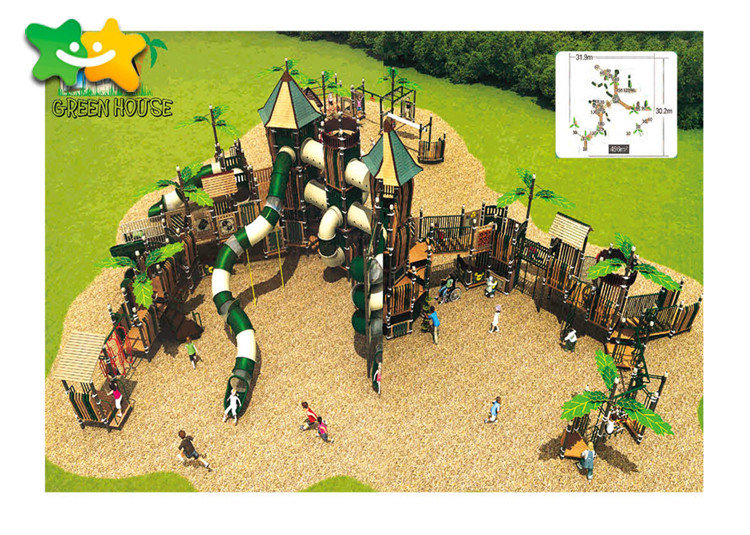 Kindergarten Wooden Playground Slide 1250*1350*520 Cm With Climbing Bridge