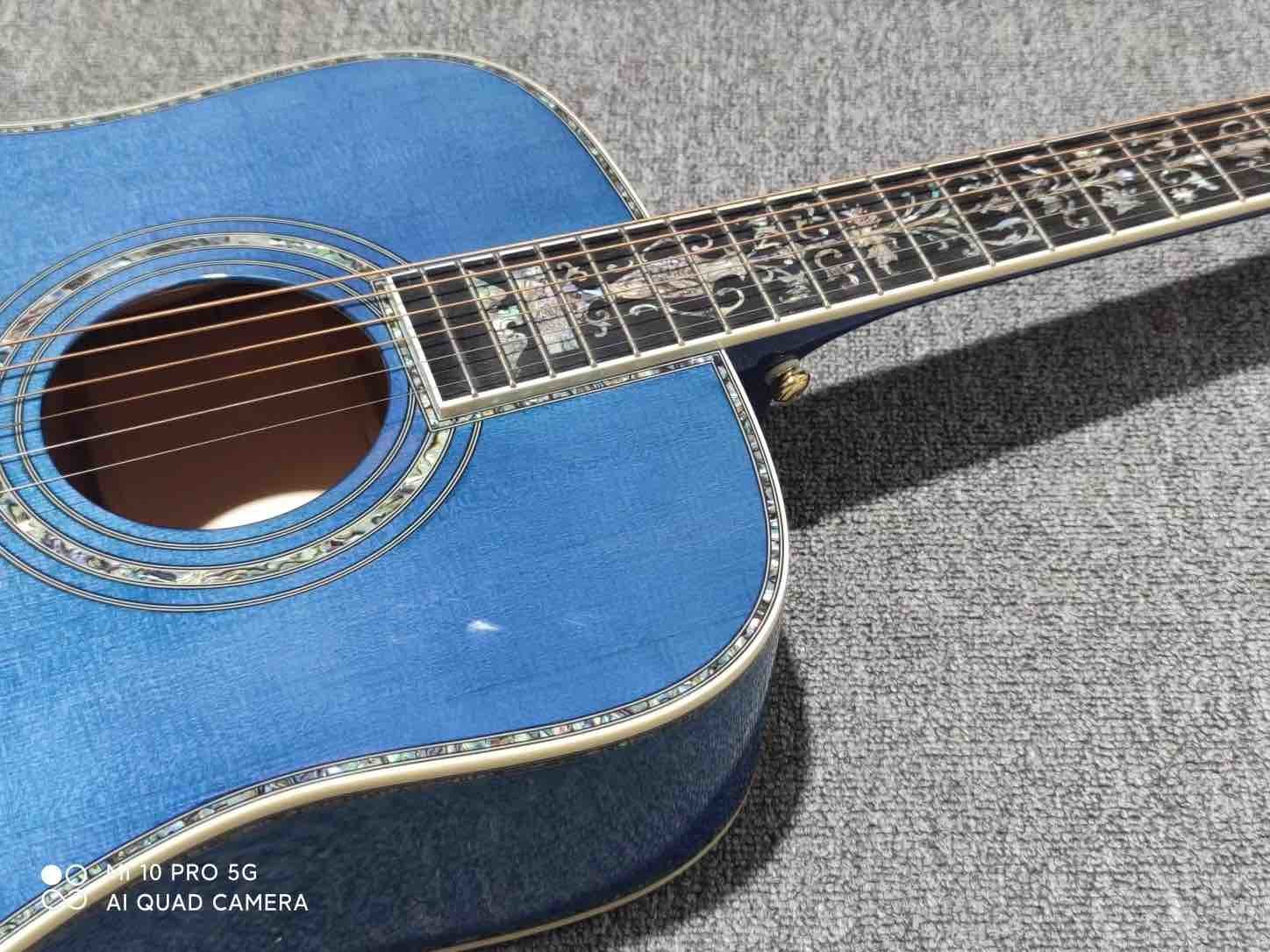 Custom Solid Spruce Top D Shape Acoustic Guitar in Blue Color Veneer Maple Back Side