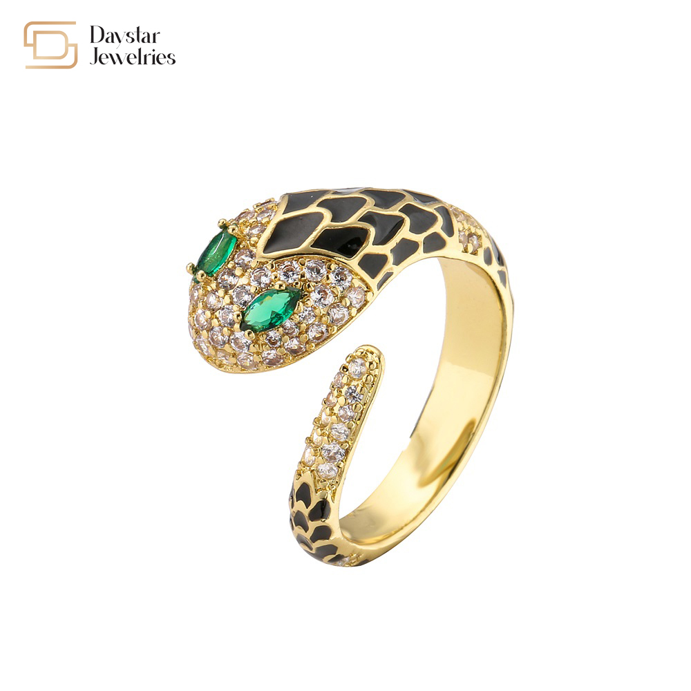Snake Colorful Enamel Green Diamond Zircon Cobra Ring Cute Adjustable Open