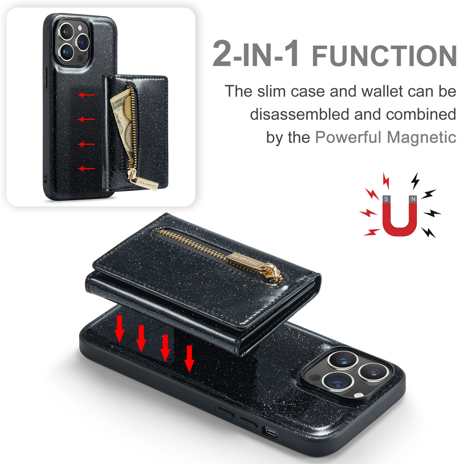 Flash Wallet Protector 2 in 1 Magnetic Mobile Phone Case for iPhone 15 Pro Max Pro 14